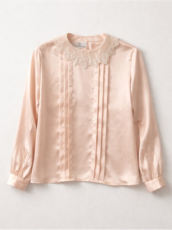 Vintage Tops - Vintage Blush Pink Lace Collar Keyhole Back Long Sleeve Blouse Coquette Feminine